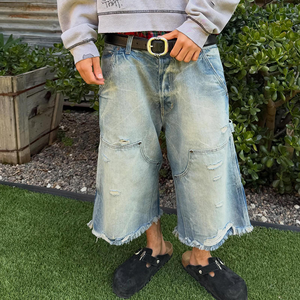 Shorts en jean décontractés pour homme, coupe boyfriend, taille mi-haute, jambe large, style charpentier, 100% coton délavé, respirant, collection automne - Product Image 2