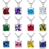 SPJ Hot Sale S925 Sterling Silver Square Cut 5A Cubic Zirconia Birthstone Pendant Rhodium Plated Diamond Necklace for Women