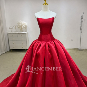 Lsjj163 Magnifique Robe de Bal Rouge Sans Bretelles Minimaliste en Satin avec Traîne pour Quinceañera et Fête des 16 Ans Jancember - Product Image 2