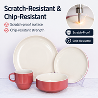 Service de table GuangDa de luxe moderne bicolore rouge et crème en grès émaillé, 16 pièces (assiettes, bols, tasses), compatible lave-vaisselle et four