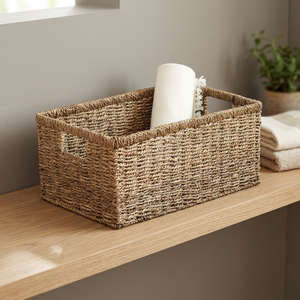 Rectangular <b>Plant</b> Fiber Storage <b>Basket</b> With Handles Rustic Multi Purpose Organizer - Product Image 4