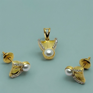 22K Gold <b>Pearl</b> Stud Earrings with Matching Pendant <b>Set</b> Elegant Leaf Design Designer <b>Jewelry</b> for Women Daily and Party Wear - Product Image 3