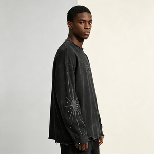 T-shirt décontracté streetwear à manches longues effet vieilli, motif lignes géométriques, étoiles scintillantes et strass, col et ourlet effilochés - Product Image 2