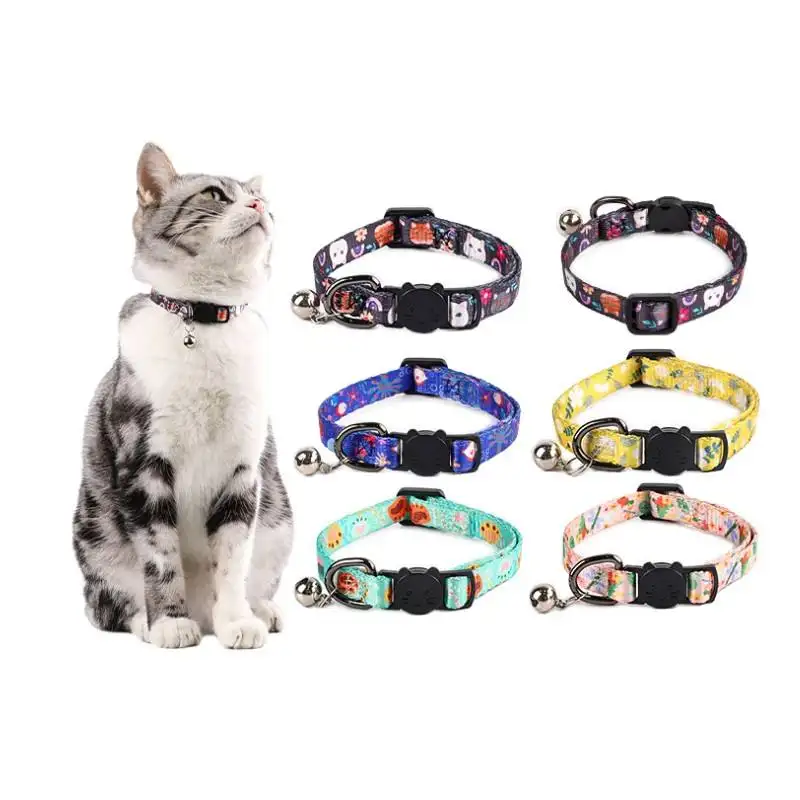 Wholesale Custom Printed Pattern Pet Collars Safety Adjustable Pet Cat Dog Collars with Bells