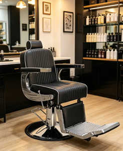 Sillón de Barbería Hidráulico de Lujo en Cuero PU Negro con Detalles Cromados, Sillón Reclinable para Peluquería, Corte de Cabello y Afeitado - Product Image 1