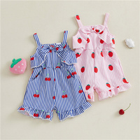Bas quantité minimale de commande fabricant de motifs personnalisés été bébé vêtements rayures fraise cerise imprimé barboteuse sans manches enfant en bas âge filles combinaison