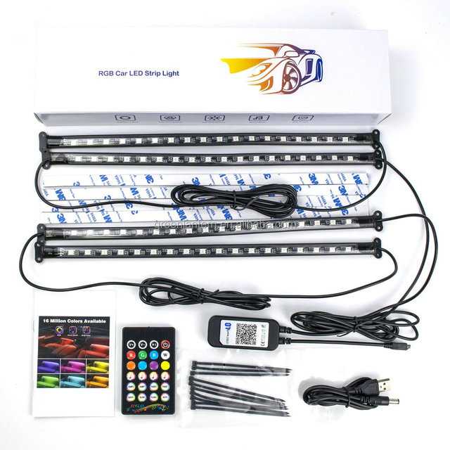 4x18LEDs USB App Remote Control Universal LED Atmosphere Lamp Kit RGB Colorful Auto Interior Car Lights Control Music Rhythm Set