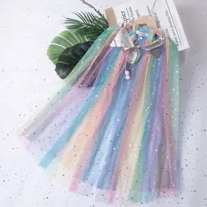 New Rainbow Children Dress Up Costume Party Star Sequin Tulle Princess Cape For Kids