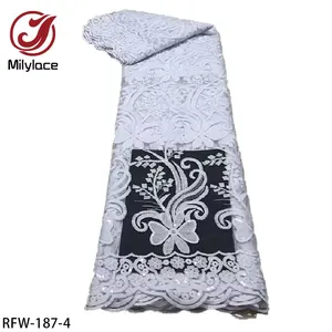 Tela de encaje francés con bordado de flores, tejido de tul con lentejuelas, Color sólido, blanco