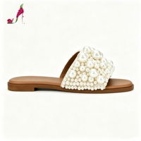 Sandales plates chic pour femmes, ornées de perles, style preppy, pour rendez-vous galants, à enfiler, classiques, pour les vacances, mules ouvertes, chaussures d'été OEM