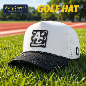 Casquette de baseball personnalisée à 5 panneaux avec logo en PVC caoutchouté, casquette de golf imperméable perforée au laser, chapeau de golf en polyester avec cordon - Product Image 1
