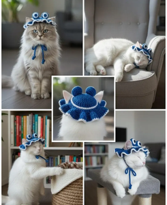 Chapeau pour animaux de compagnie au crochet bleu et blanc, accessoire de cosplay pour chat et chien, coiffe amusante à volants, accessoire de fête d'hiver, motif personnalisable - Product Image 4