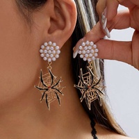 Anting Gantung Halloween Mutiara Berbentuk Jaring Laba-laba Hantu BOO Anting Enamel untuk Wanita Perhiasan Kostum Pesta