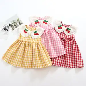 Vestido infantil de fábrica, ropa de verano barata al por mayor para niños, vestidos de cereza encantadores, vestido rojo coreano para niñas, ropa de moda para niños