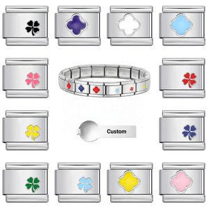Custom Hot Sales Colorful Four Leaf Clover Christian Italian Charm Link 9mm DIY Stainless Steel Platinum Plated Fashion - Product Image 1