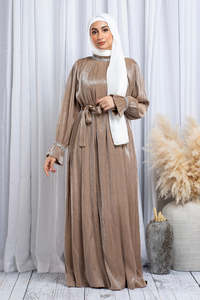 Vestido Abaya Maxi con Cinturón y Mangas Plisadas Brillantes para Mujer, Ropa Musulmana Islámica Elegante, Marca LE DUO - Product Image 3
