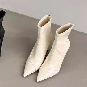 Bottines à talons aiguilles pointues style français pour femmes, en cuir marron, avec fermeture éclair, pour l'automne et l'hiver, coupe ajustée - Product Image 1