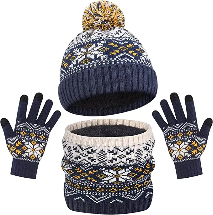 Knitted children set beanie hat scarf gloves set with plush lining warm winter children kid knitted sets