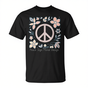 T-shirt con design floreale con simbolo della pace, nera, taglia unisex per adulti - Product Image 2