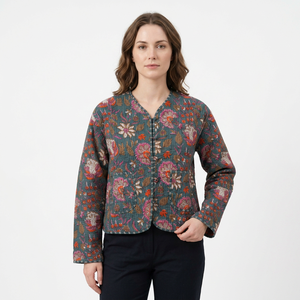 Chaqueta Acolchada Floral de Otoño para Mujer, Cuello en V, Manga Larga, Bordada a Mano, Estilo Kimono de Algodón - Product Image 1