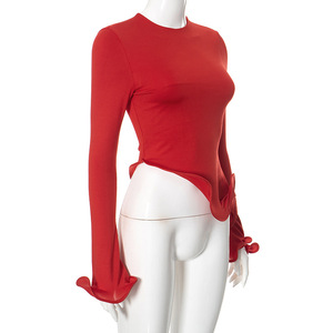 En promotion : Blouse décontractée asymétrique à manches longues évasées et col rond avec volants pour femme – Tendance - Product Image 4