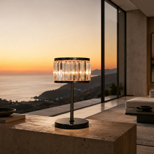 <b>Matte</b> Black Metal <b>Table</b> Lamp With Vertical Strip Crystal Drum Shade For Bedroom Nightstand Desk Decor Lighting Fixture - Product Image 3