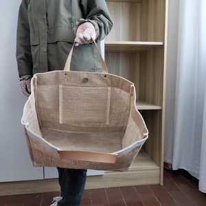 Bolso de compras reutilizable orgánico impreso personalizado bolso de yute de arpillera ecológico grande cremallera de moda asas de cuero plegables dibujos animados - Product Image 5