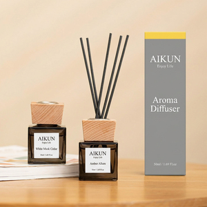 Aikun Grey 50ml Amber Square Glass Sticker Logo Grey Yellow Box Custom Scent Long Lasting Reed <b>Diffuser</b> Gift Set for Gift Shop - Product Image 1