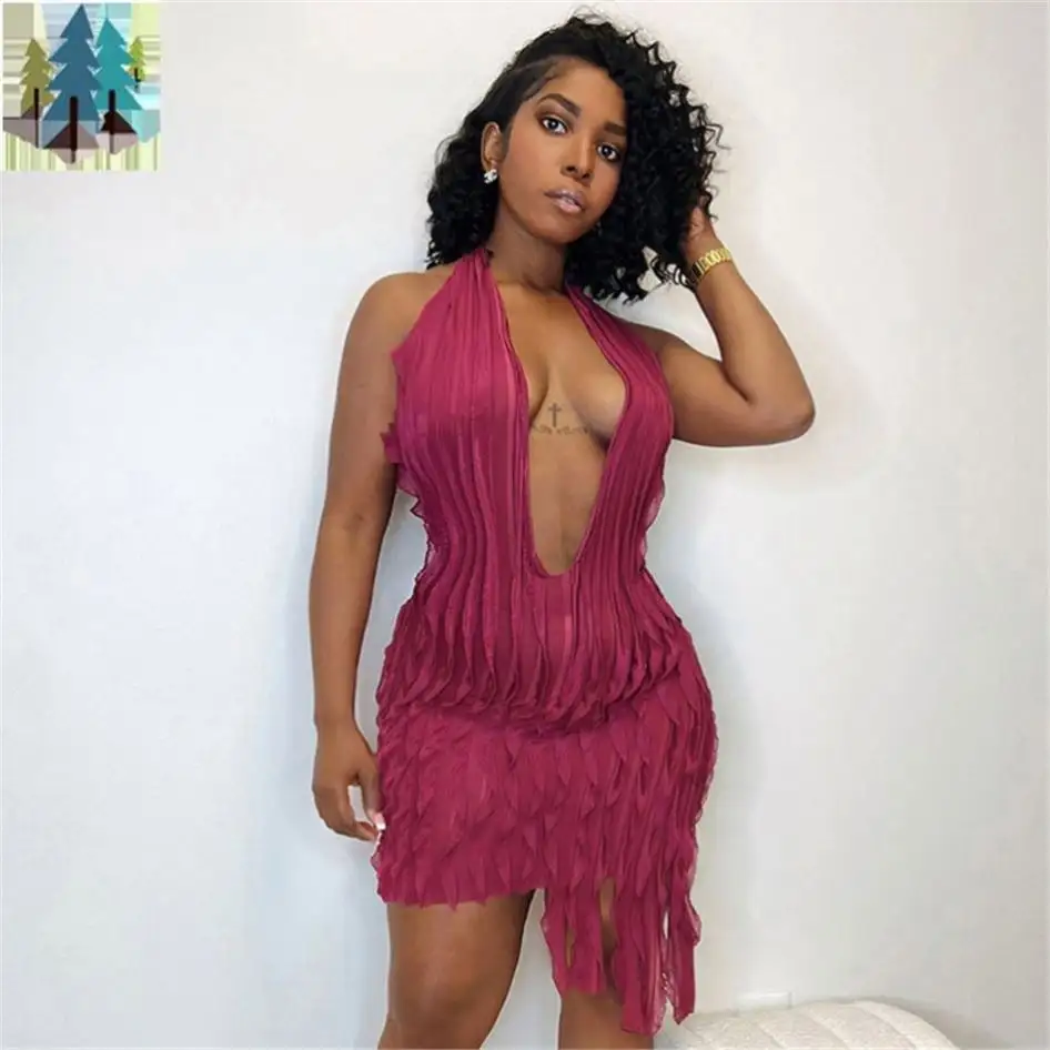 Wave Pattern Sexy Hanging Neck Open Back Dress V-Neck Open Chest High Waist Wrap Hip Skirt Sexy Mini Dresses