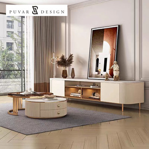 <span class=keywords><strong>Meuble</strong></span> <span class=keywords><strong>TV</strong></span> moderne en bois avec comptoir en pierre lisse et vitrine en verre, personnalisable et très demandé, pour salon - Product Image 2