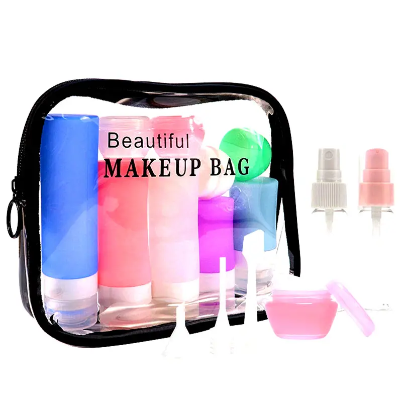 Custom leak proof squeezable portable 4 pack silicon travel bottle set kit empty travel size cosmetic toilet bottles accessories