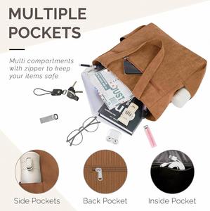 Sac fourre-tout élégant en velours côtelé grande capacité pour femme avec poches zippées et broderies, idéal pour le quotidien, les voyages d'été et la salle de sport - Product Image 3