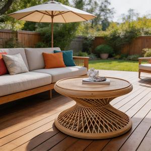 Handwoven Round Coffee <b>Table</b> Boho Hourglass Base Living Room Home Furniture - Product Image 4