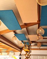 Système suspendu de panneaux acoustiques en feutre pour plafond, avec des formes nuages, rectangulaires, triangulaires et polygones