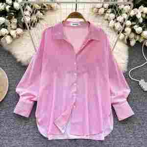 Blusas casuales de manga larga con cuello vuelto ancho para mujer, camisas a rayas tejidas con cuentas, tops transpirables antiarrugas al por mayor - Product Image 1
