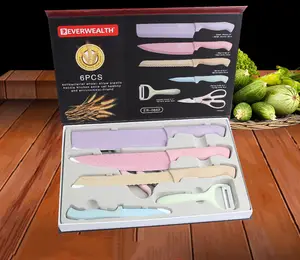 Лидер продаж, набор из 6 антипригарных ножей с красочным покрытием из медицинского камня, набор кухонных комбинированных ножей из нержавеющей стали для повара