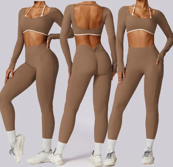 Set Yoga 2 pezzi con LOGO personalizzato abbigliamento sportivo da donna a manica lunga da Yoga set Fitness da donna