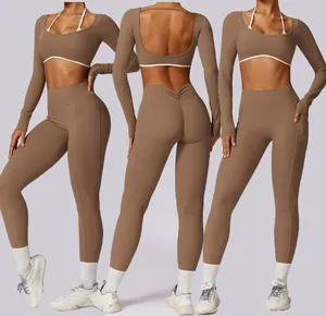 LOGOTIPO personalizado 2 piezas Conjuntos de yoga Ropa deportiva Ropa de Yoga de manga larga para mujer Conjuntos de fitness de gimnasio para mujer