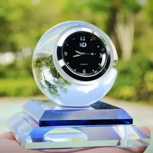 Honor of crystal 2024 Promotional clock car perfume stand Crystal Golf Ball Crystal Desk Clock Ornament With clear Base