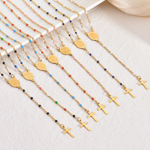 Collana con Ciondolo Religioso Placcato Oro 18K in Acciaio Inossidabile Catena a Croce Gioielli di Moda Rosario Smaltato a Goccia Personalizzato con Charm - Product Image 1