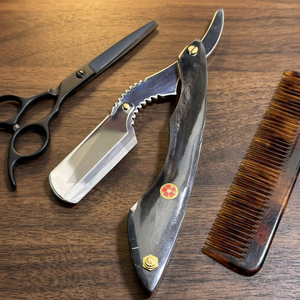 IKZARSA Straight <b>Razor</b> Stainless Steel Blade Single Edge Barber Shop & Outdoor Use Face Head Shaving for <b>Men</b> Buffalo Horn Handle - Product Image 1