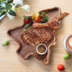Plateau de Noël en bois d'acacia, grand plateau de service en bois massif pour la nourriture occidentale, la pizza, les repas d'hôtel, le café, le thé - Product Image 1