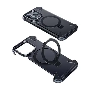 Assembled 360 degree of rotatable metal frame leather pivot phone case magnetic charging shockproof phone case