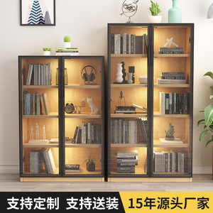 Solid Wood Minimalist Glass <b>Door</b> Bookcase With Motion <b>Sensor</b> Light Floor Standing Display Cabinet Office Dustproof Wooden - Product Image 5