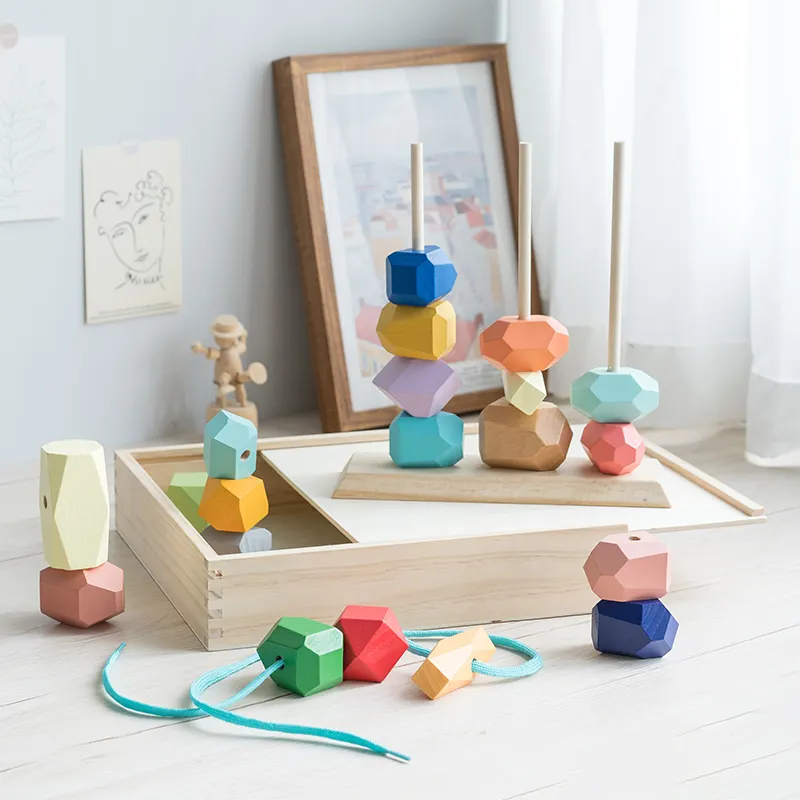 Eğitici çocuk oyuncak inşaat blokları gökkuşağı taş Set yaratıcı ahşap silikon çocuk istifleme oyuncaklar dengeleme taşlar çocuklar için