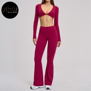 Ensemble de yoga évasé brossé pour femme - Haut à manches longues col en V et <span class=keywords><strong>leggings</strong></span> coupe <span class=keywords><strong>bootcut</strong></span> pour le Pilates et la course à pied - Tenue de sport personnalisée 2 pièces - Product Image 5