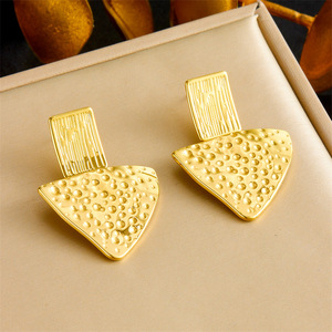 Geometric Stainless Steel Necklace Earrings Ring Set Triangular Textured Unisex Fashion Jewelry - Product Image 3