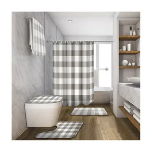 Korte Ontwerp Waterdicht Bad Douche Gordijnen Rood Zwart Buffalo Check Plaid Patroon 100% Polyester Bad Gordijn Voor Home Decor