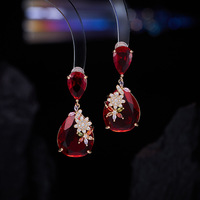 Boucles d'oreilles pendantes de luxe pour femme en zircon, bijoux vintage, aiguille en argent, fleur rouge, goutte d'eau, zircon