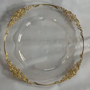Plato de cena de plástico desechable con borde dorado de arrecife de acrílico, platos de plástico transparente para boda